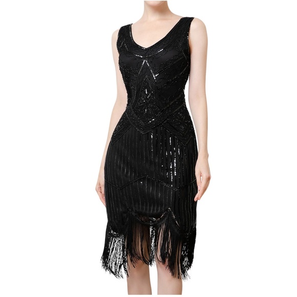Suzy Shier Formal Dress Swing Art deco Great Gatsby Sequin Fringes Black Sz XL - Picture 2 of 15